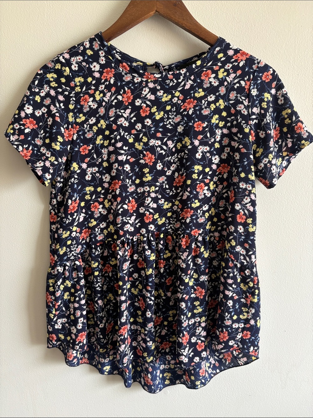 Roolee Navy Ditsy Floral Peplum Top Small Boho Feminine Blouse